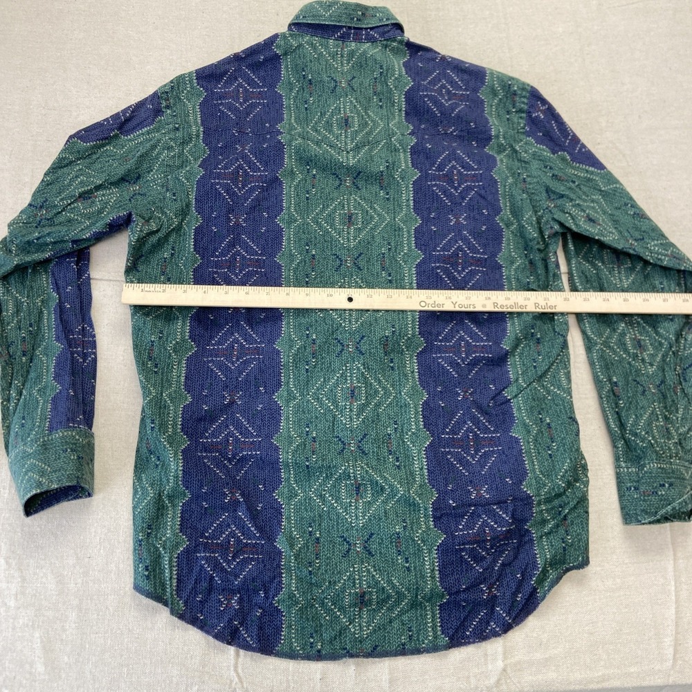 Vintage Wrangler Shirt Mens L Blue Green Striped Brushpopper Western Cowboy 90s - Picture 4 of 7